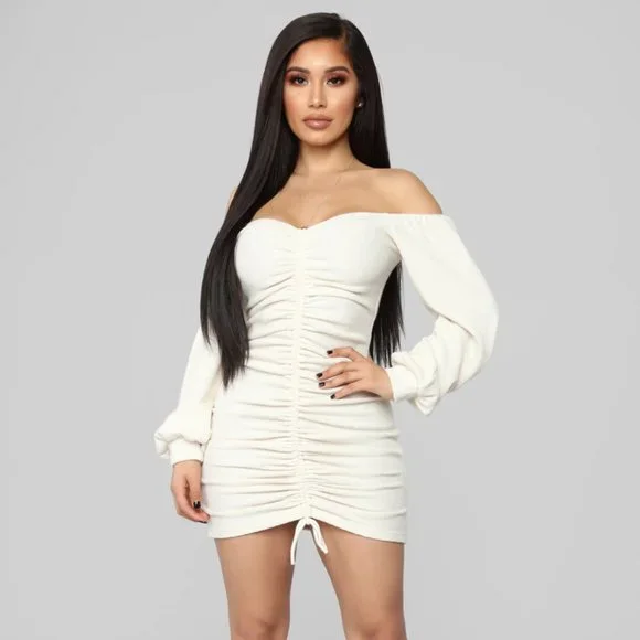 blue dress for baby girl Vanity Ivory Ruched Mini Skirt With Drape – Club L London main image 1